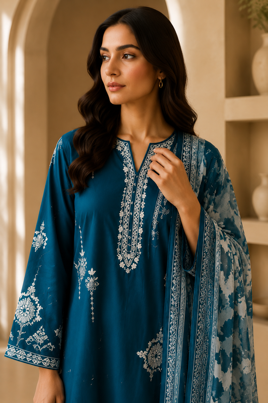 Women's Embroidered 3-Piece Suit — Kurti, Trouser & Dupatta