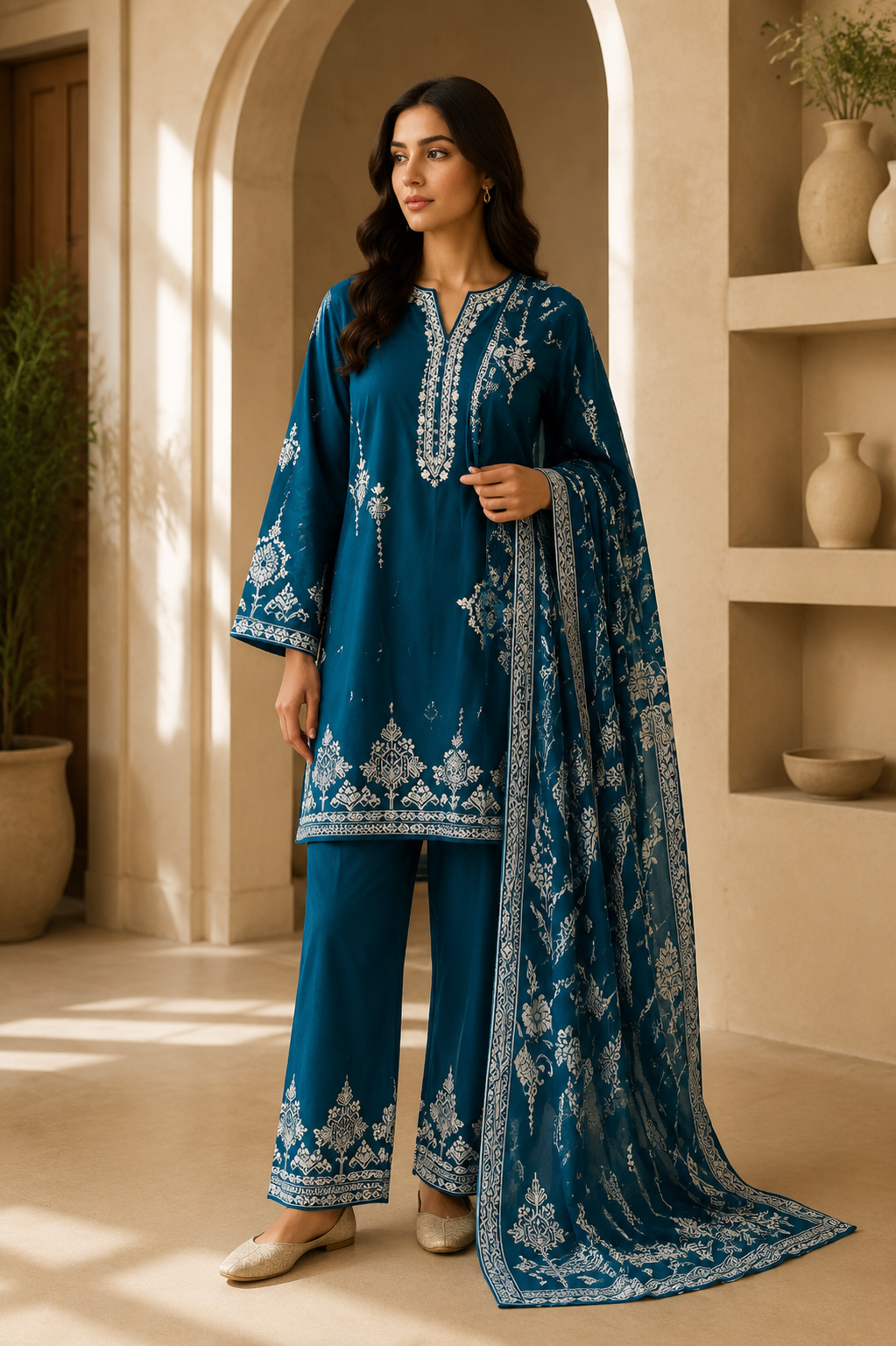 Women's Embroidered 3-Piece Suit — Kurti, Trouser & Dupatta