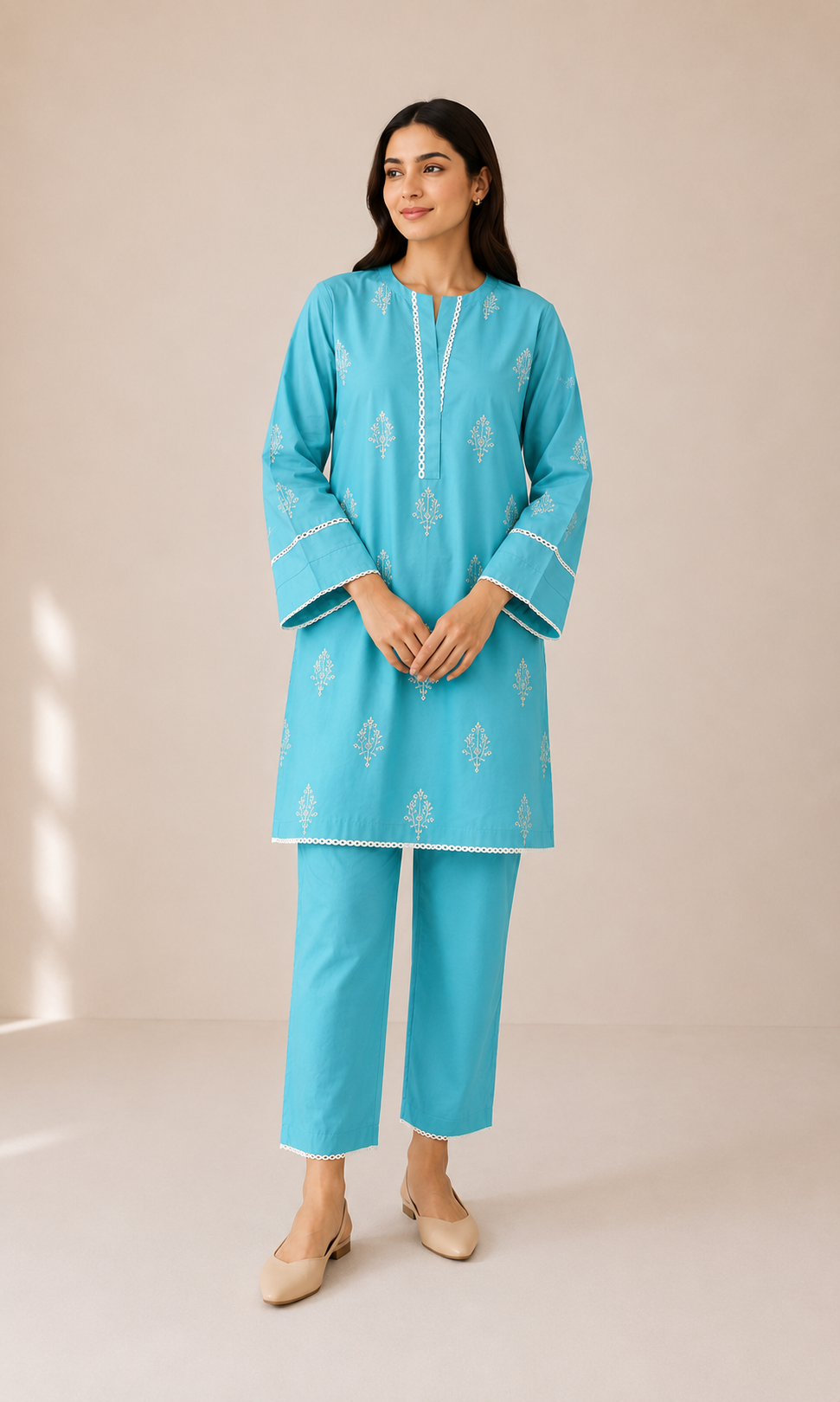 Embroidered Cotton 2-Piece Suit – Floral Booti Design (Kurti + Trouser)