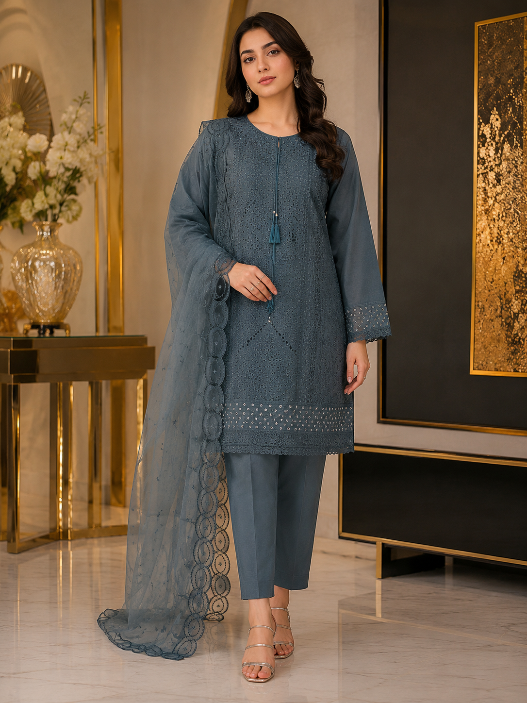 Steel Blue Cutwork Organza 3-Piece Suit | Schiffli Embroidery & Scallop Lace Dupatta | Pakistani Women's Formal Wear
