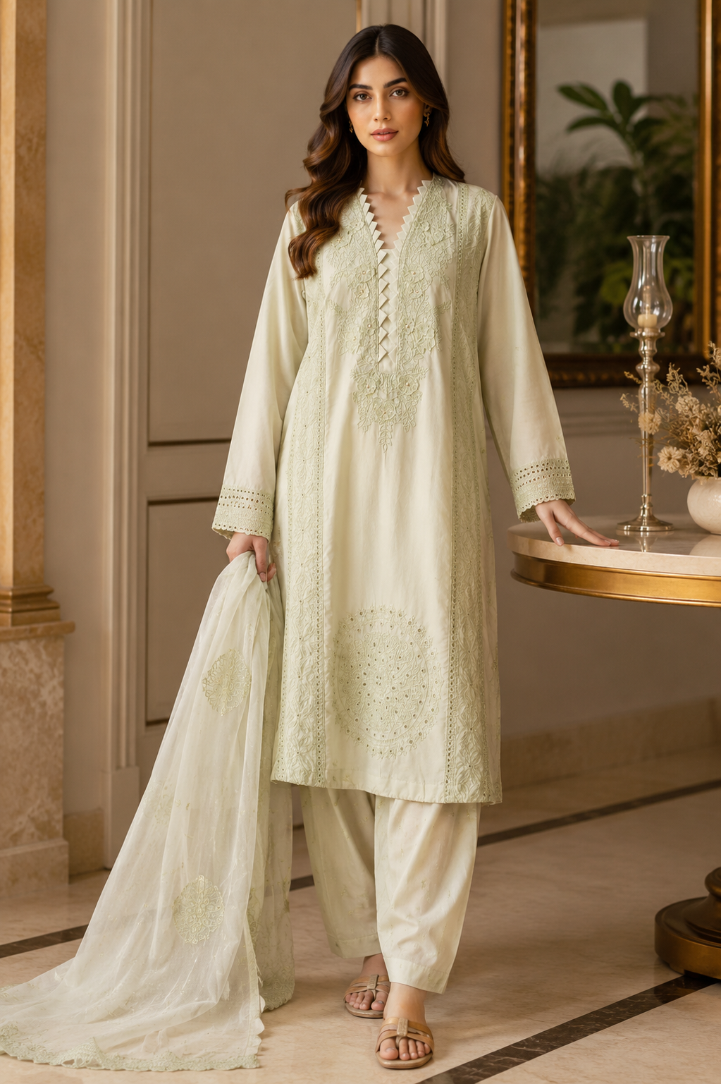 Mayal Pearl — Silver Grey Embroidered Cotton 3-Piece Suit