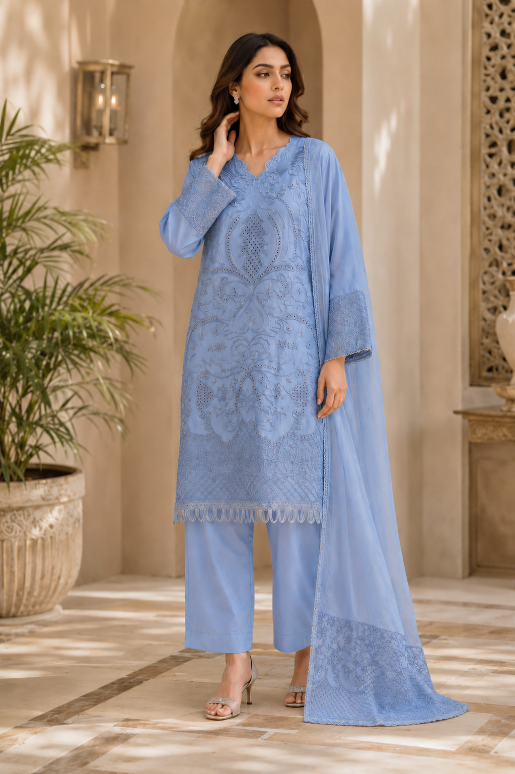 Cerulean Bloom — Embroidered Lawn Suit