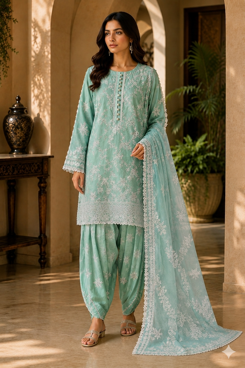 Chikankari Embroidered Cotton Lawn 3-Piece Patiala Suit