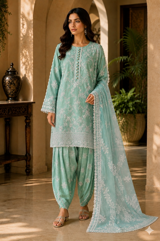 Chikankari Embroidered Cotton Lawn 3-Piece Patiala Suit