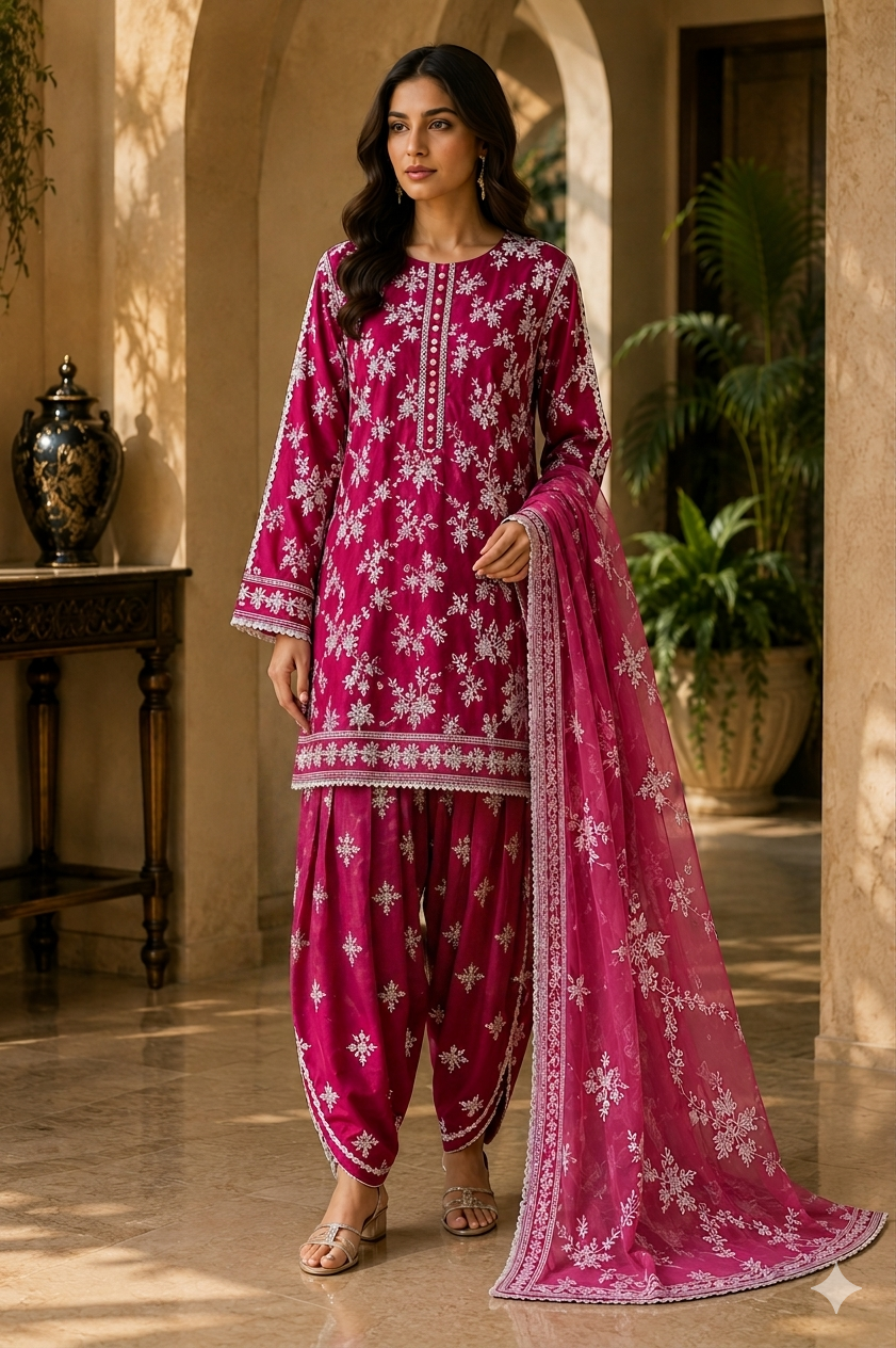 Chikankari Embroidered Cotton Lawn 3-Piece Patiala Suit