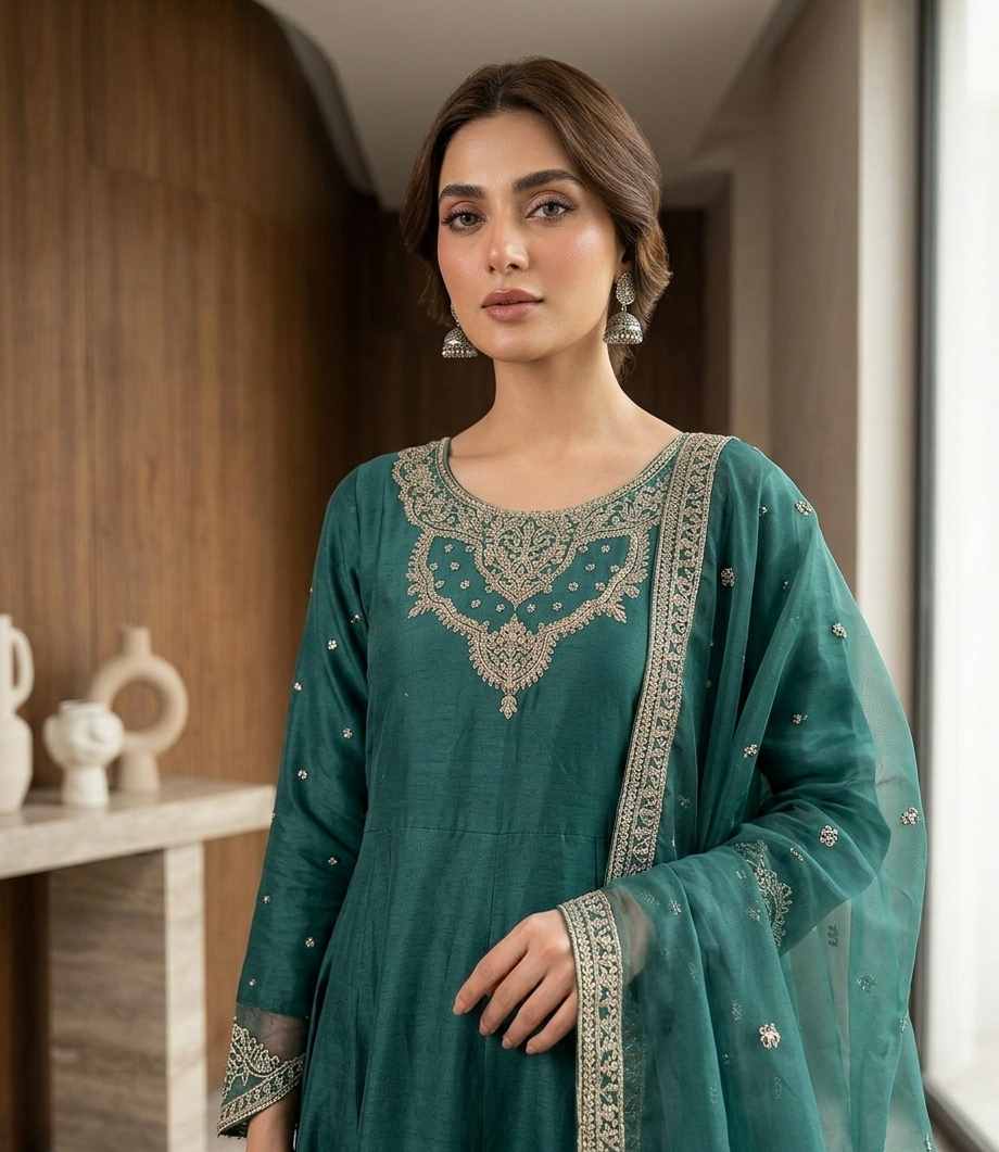 Women's Embroidered Anarkali 3-Piece Formal Suit — Frock, Trouser & Dupatta
