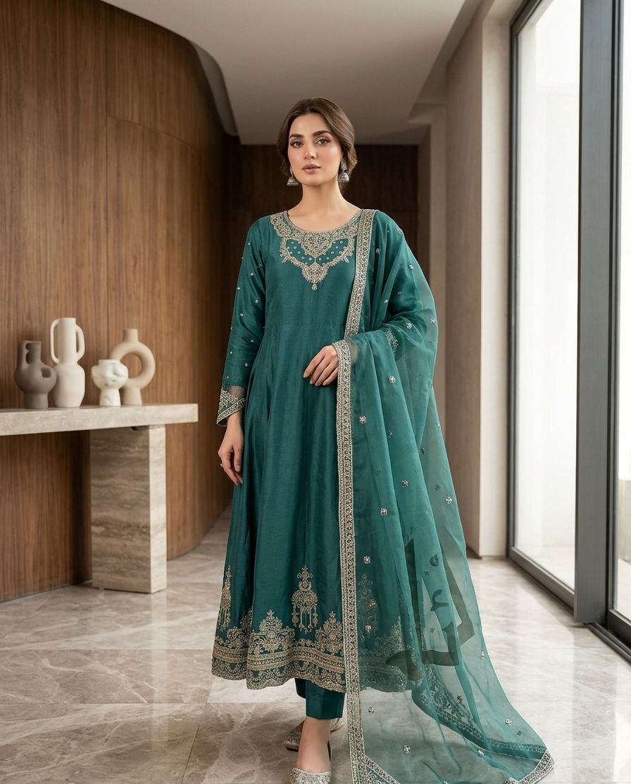 Women's Embroidered Anarkali 3-Piece Formal Suit — Frock, Trouser & Dupatta