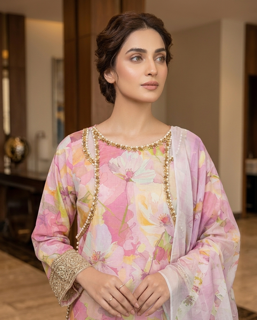 Watercolour Floral Printed  Cotton 3-Piece Suit with Gold Embroidered Border & Chiffon Dupatta
