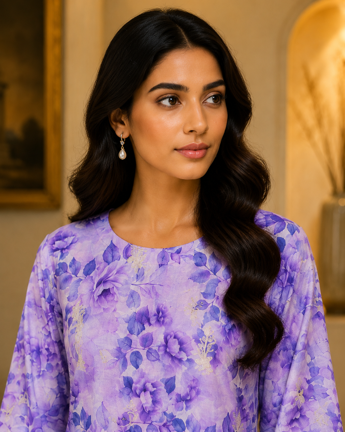 Woman wearing a purple floral dress indoors
