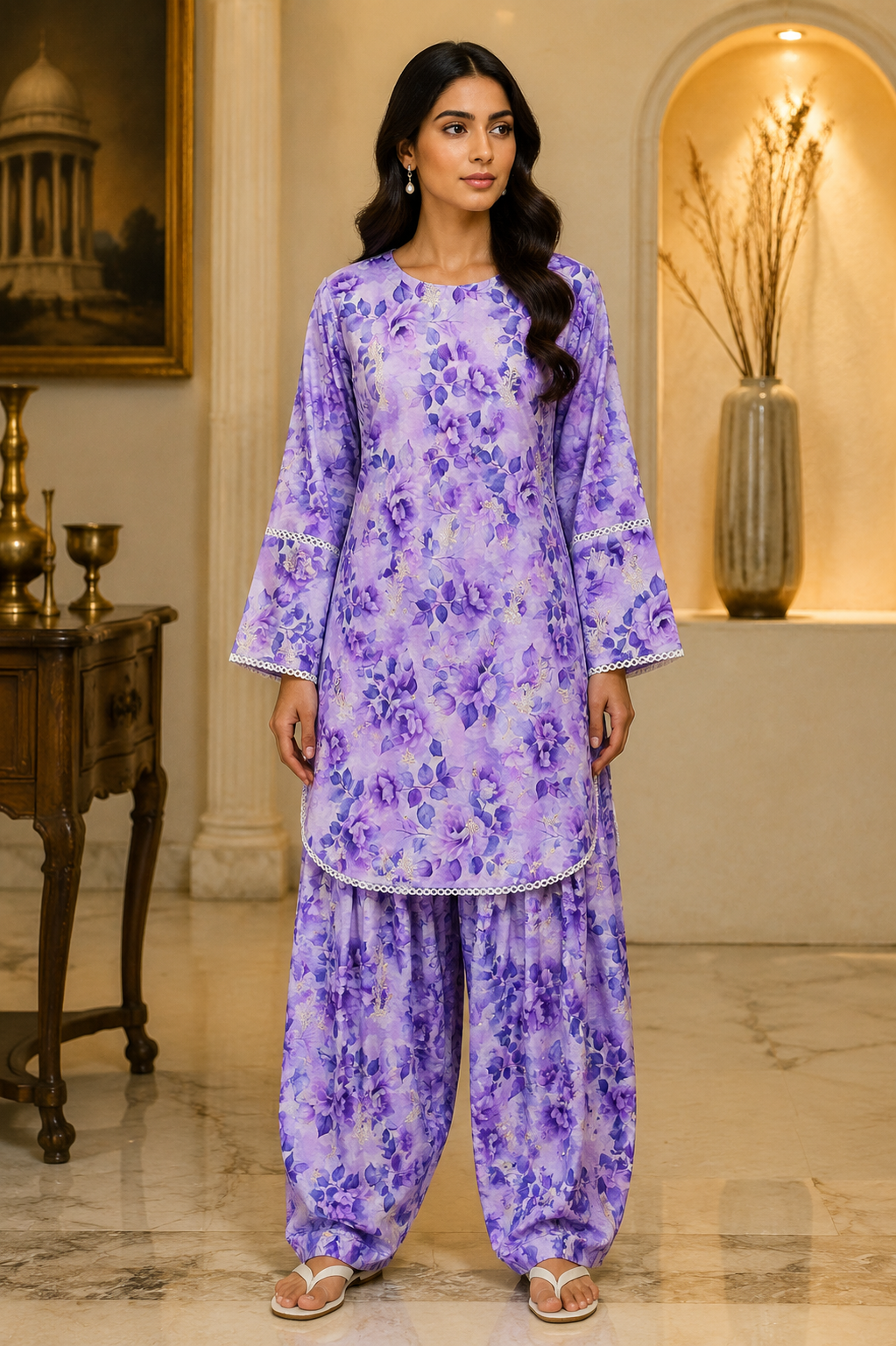Woman wearing a purple floral outfit in an elegant interior setting