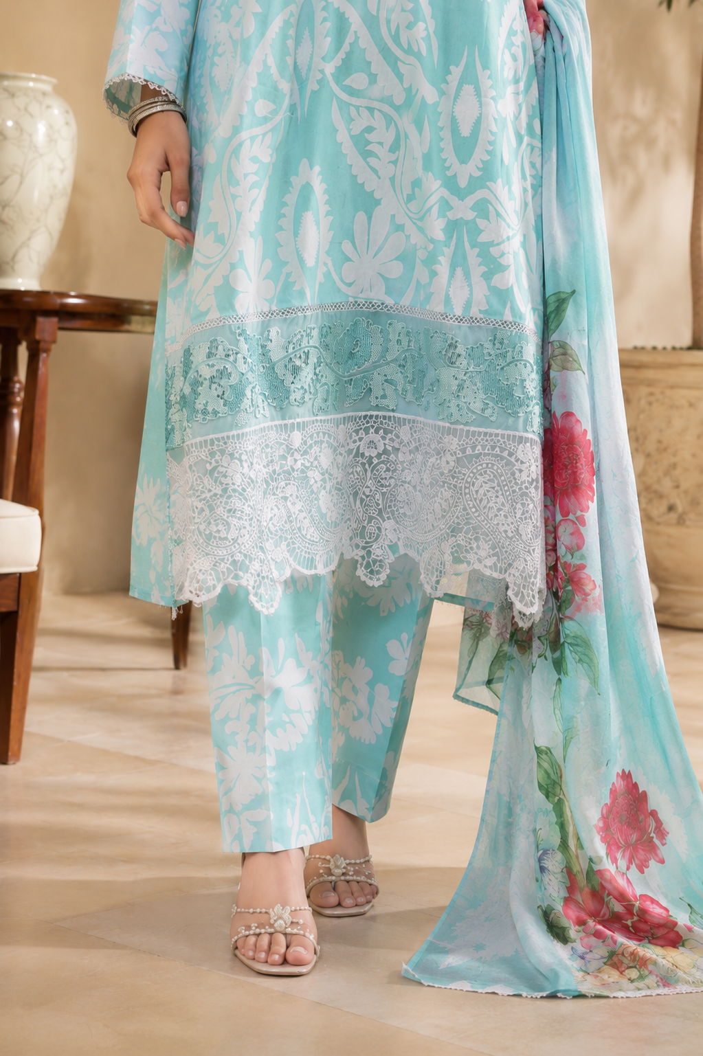 Floral Printed Cotton 3-Piece Suit with Embroidered Hem & Printed Dupatta
