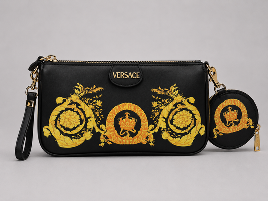 Versace Black Baroque Crown Print Crossbody Bag — Double Zip Shoulder Bag with Matching Round Coin Purse